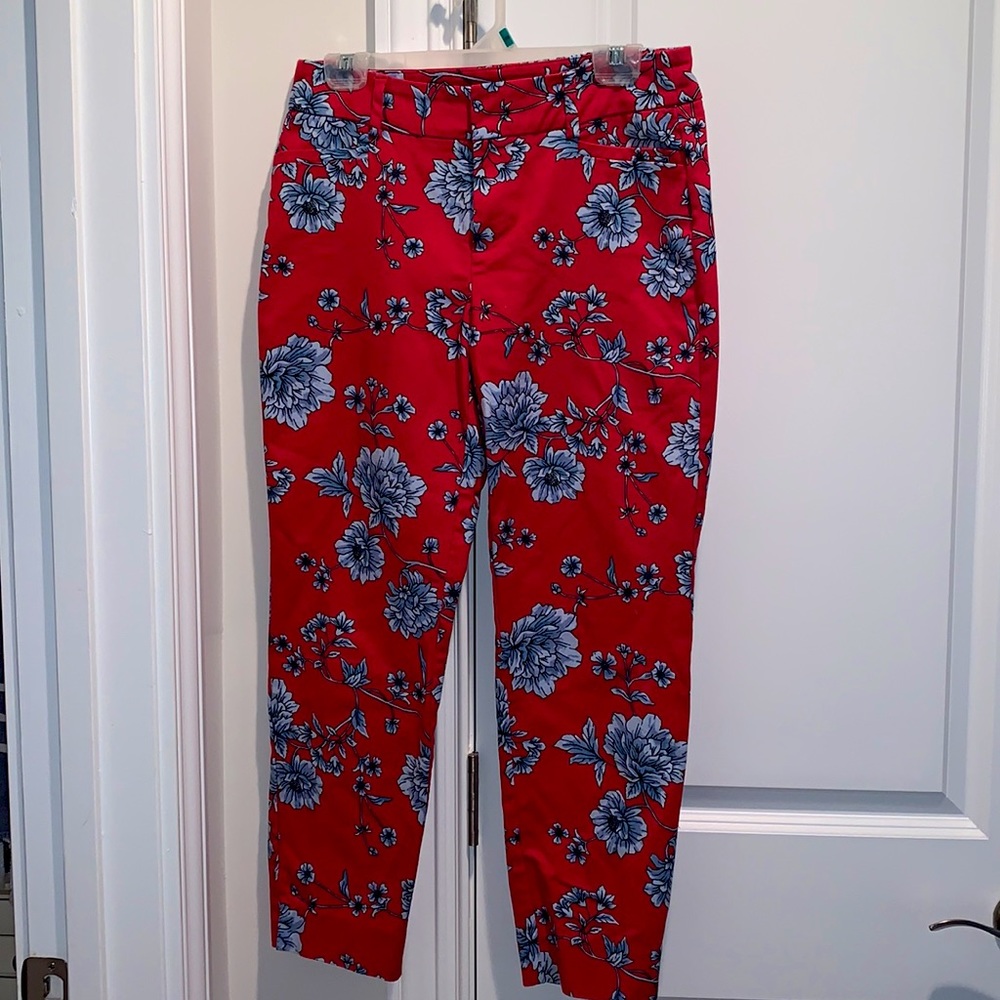 Red trousers with blue floral design by Roz & Ali